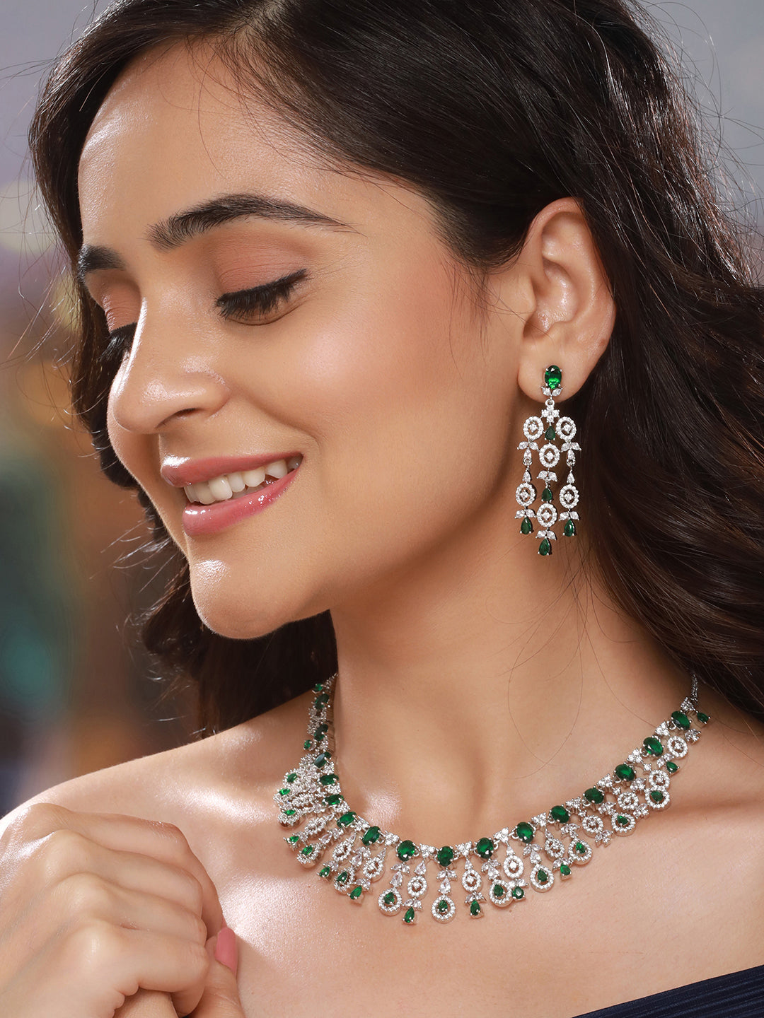 Silver Toned Emerald Green AD Studded Statement necklace Jewellery Set